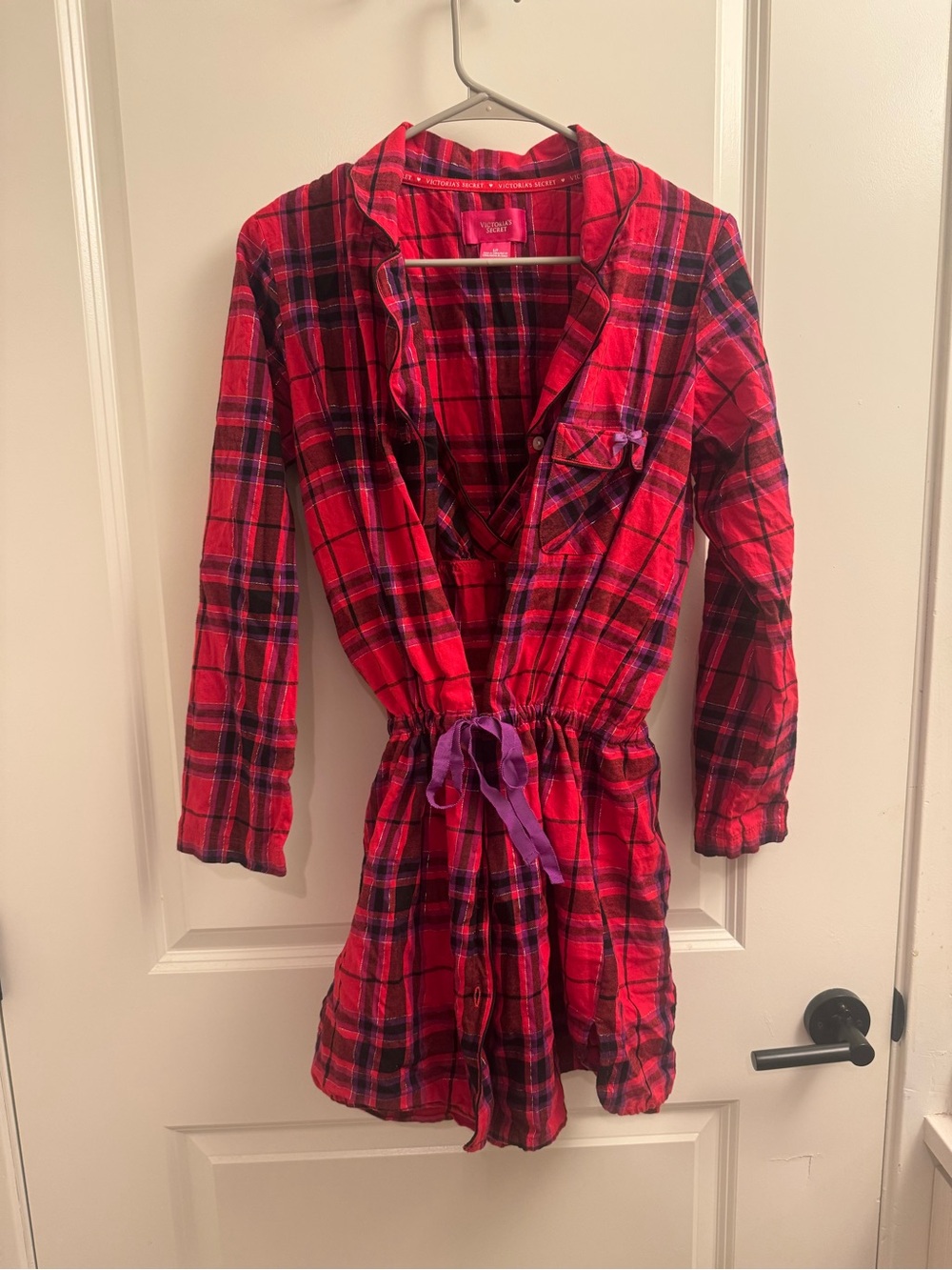 Victoria's Secret Red and Black Plaid Flannel Drawstring Robe and Nightgown Set